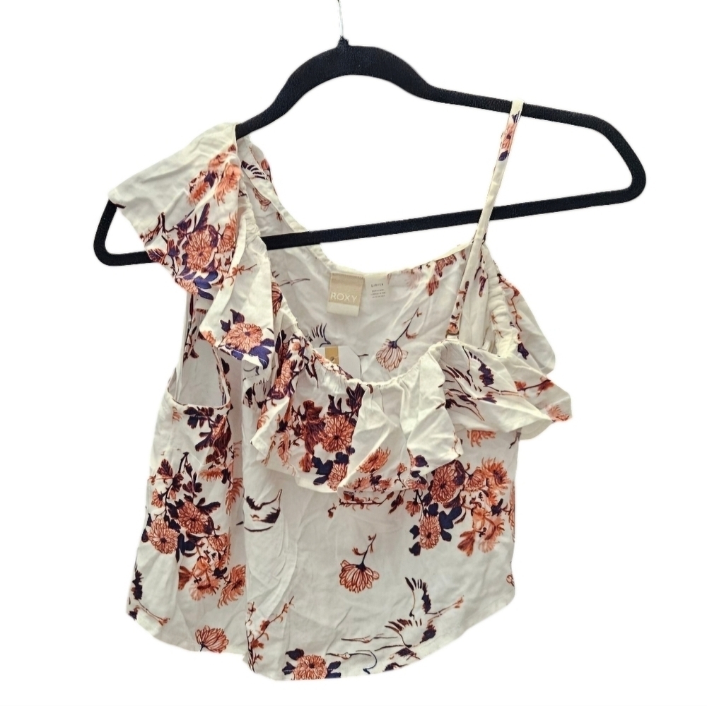 Roxy Lynnette Ruffled Floral White Crop Top Tapioca Serene Crane Print sz Small - Picture 3 of 9